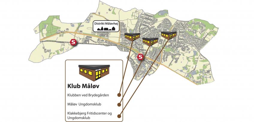 Kort med overblik over klubberne i Klub Måløv